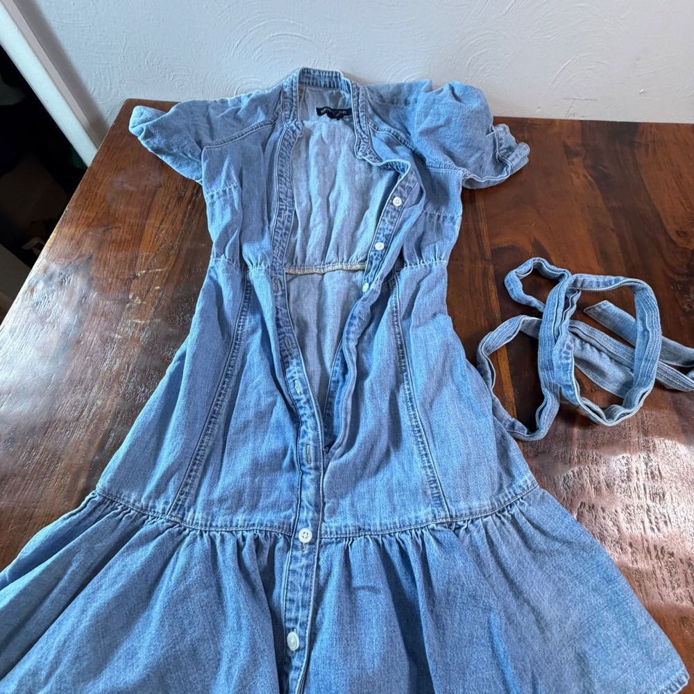 Veronica Beard Light Wash Denim Button Front Puff Sleeve Ruffle Mini Dress XXS